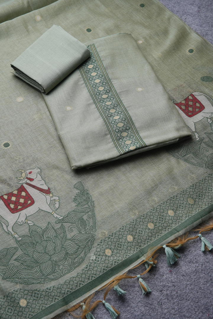 Pasture Luxe Green Muga Cotton Unstitched Suit Set