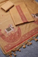 Load image into Gallery viewer, Pasture Luxe Mustard Muga Cotton Unstitched Suit Set
