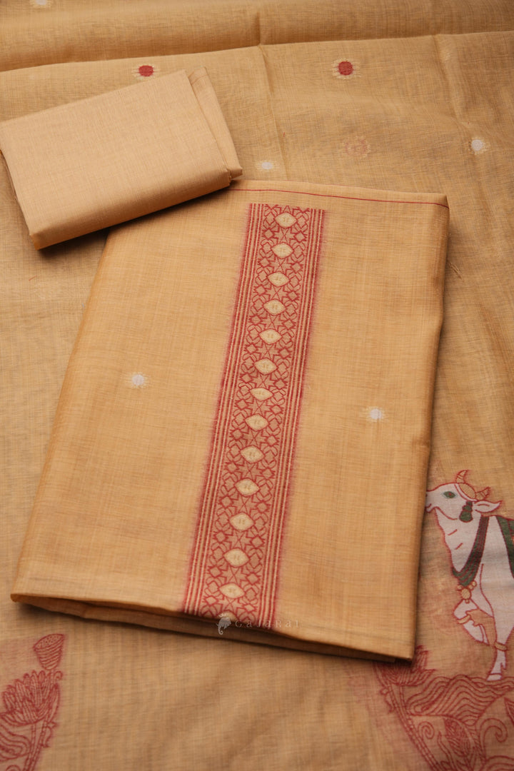 Pasture Luxe Mustard Muga Cotton Unstitched Suit Set