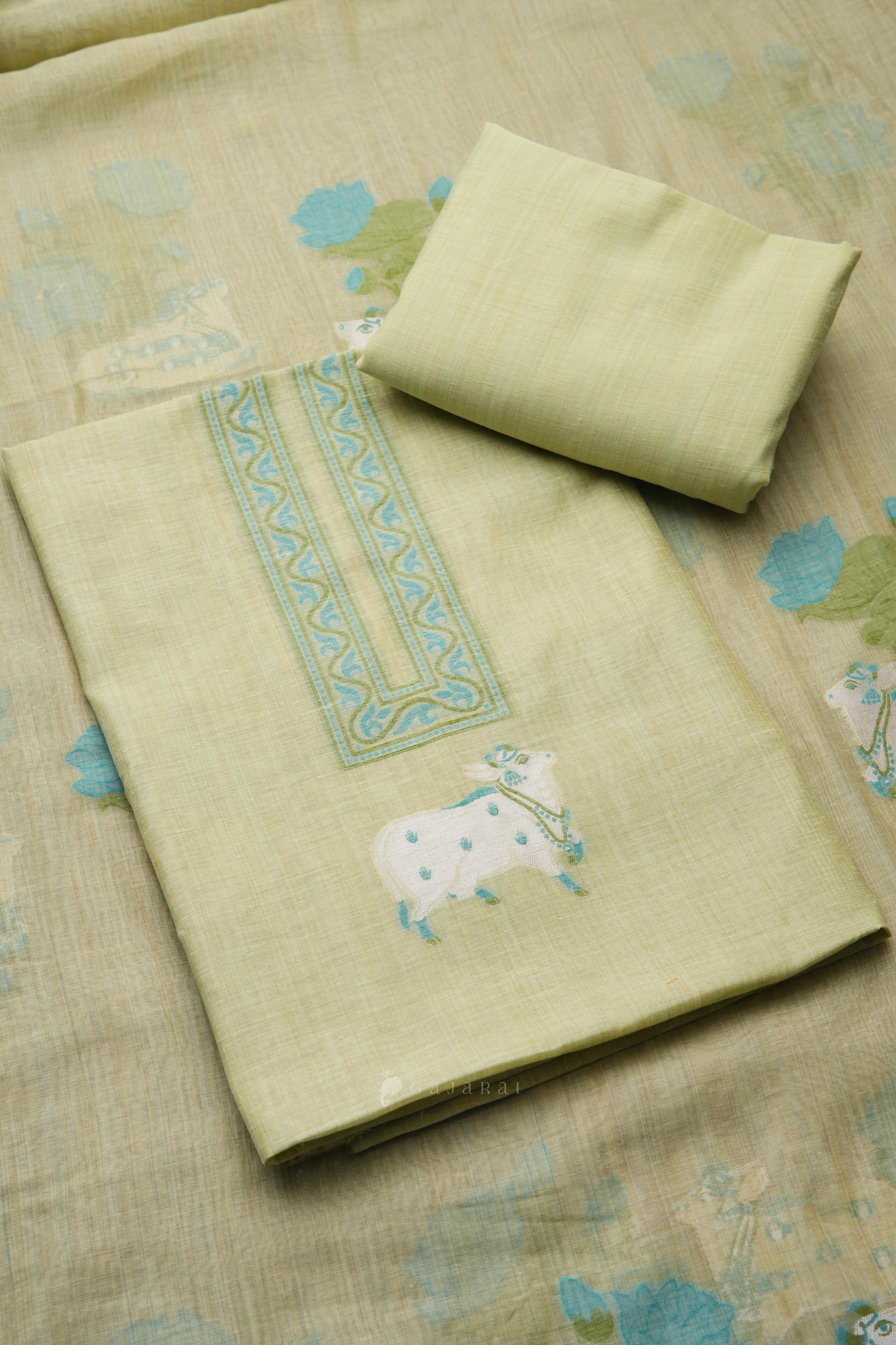 Moo & Muse Green Muga Cotton Unstitched Suit Set