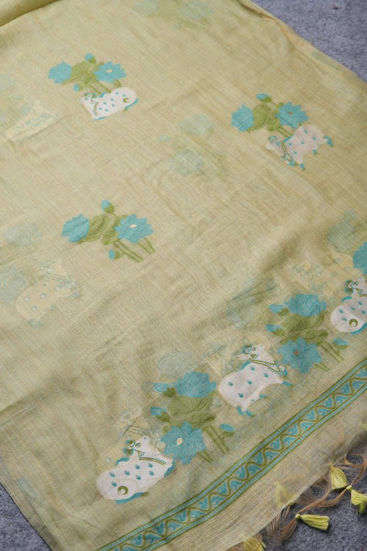 Moo & Muse Green Muga Cotton Unstitched Suit Set