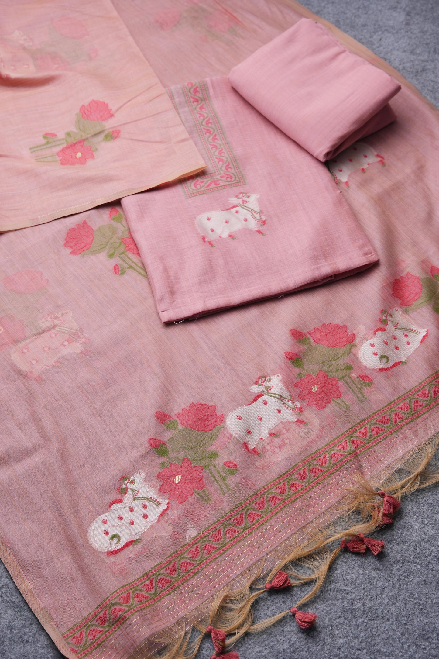 Moo & Muse Pink Muga Cotton Unstitched Suit Set