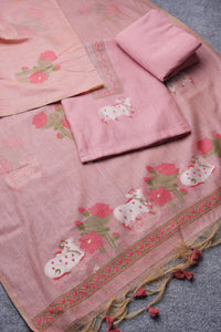 Moo & Muse Pink Muga Cotton Unstitched Suit Set