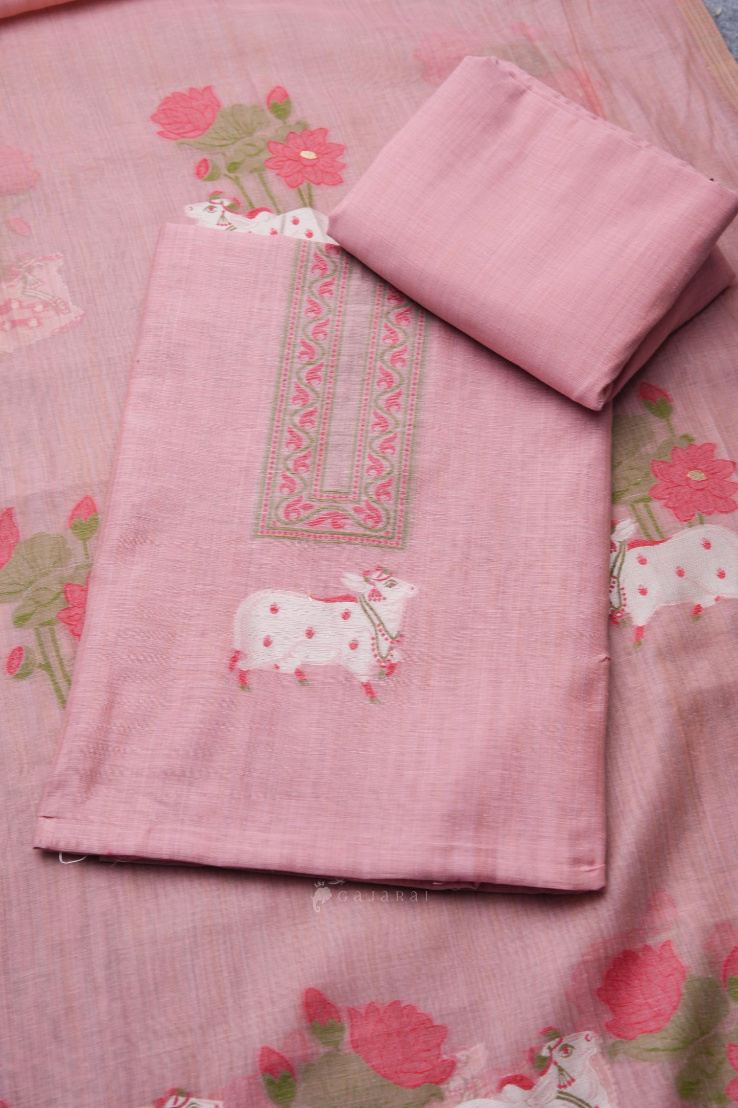 Moo & Muse Pink Muga Cotton Unstitched Suit Set