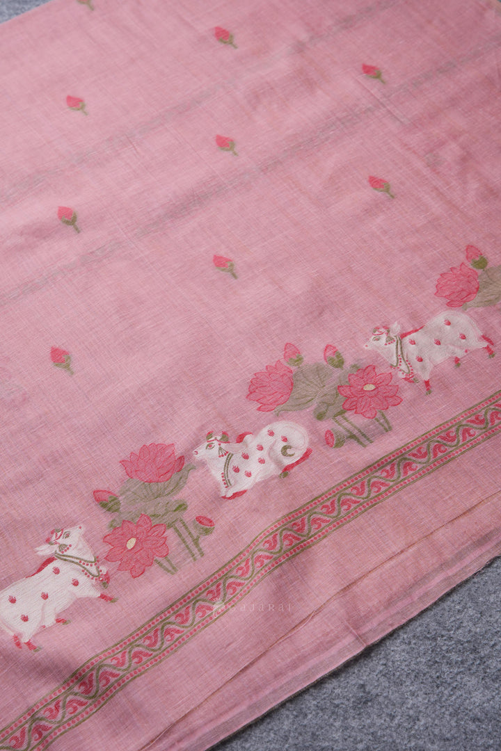 Moo & Muse Pink Muga Cotton Unstitched Suit Set