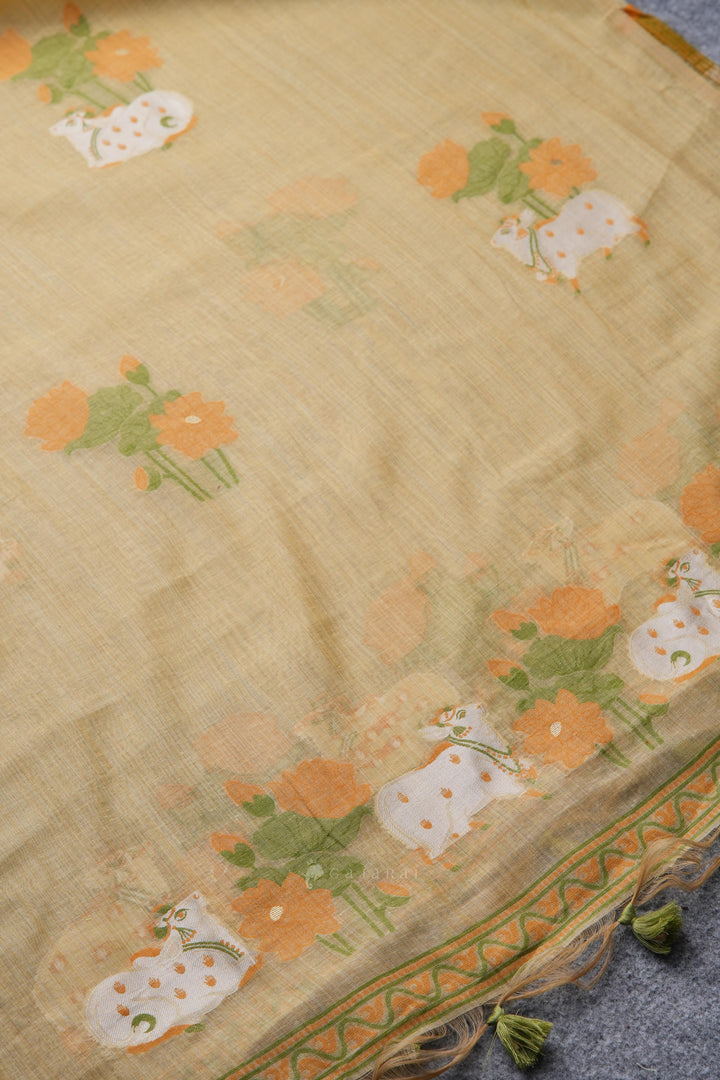 Moo & Muse Yellow Muga Cotton Unstitched Suit Set