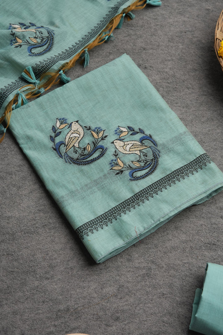 Chic Looms Blue Muga Cotton Unstitched Suit Set
