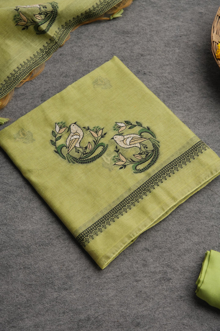Chic Looms Green Muga Cotton Unstitched Suit Set