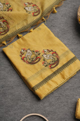 Chic Looms Yellow Muga Cotton Unstitched Suit Set
