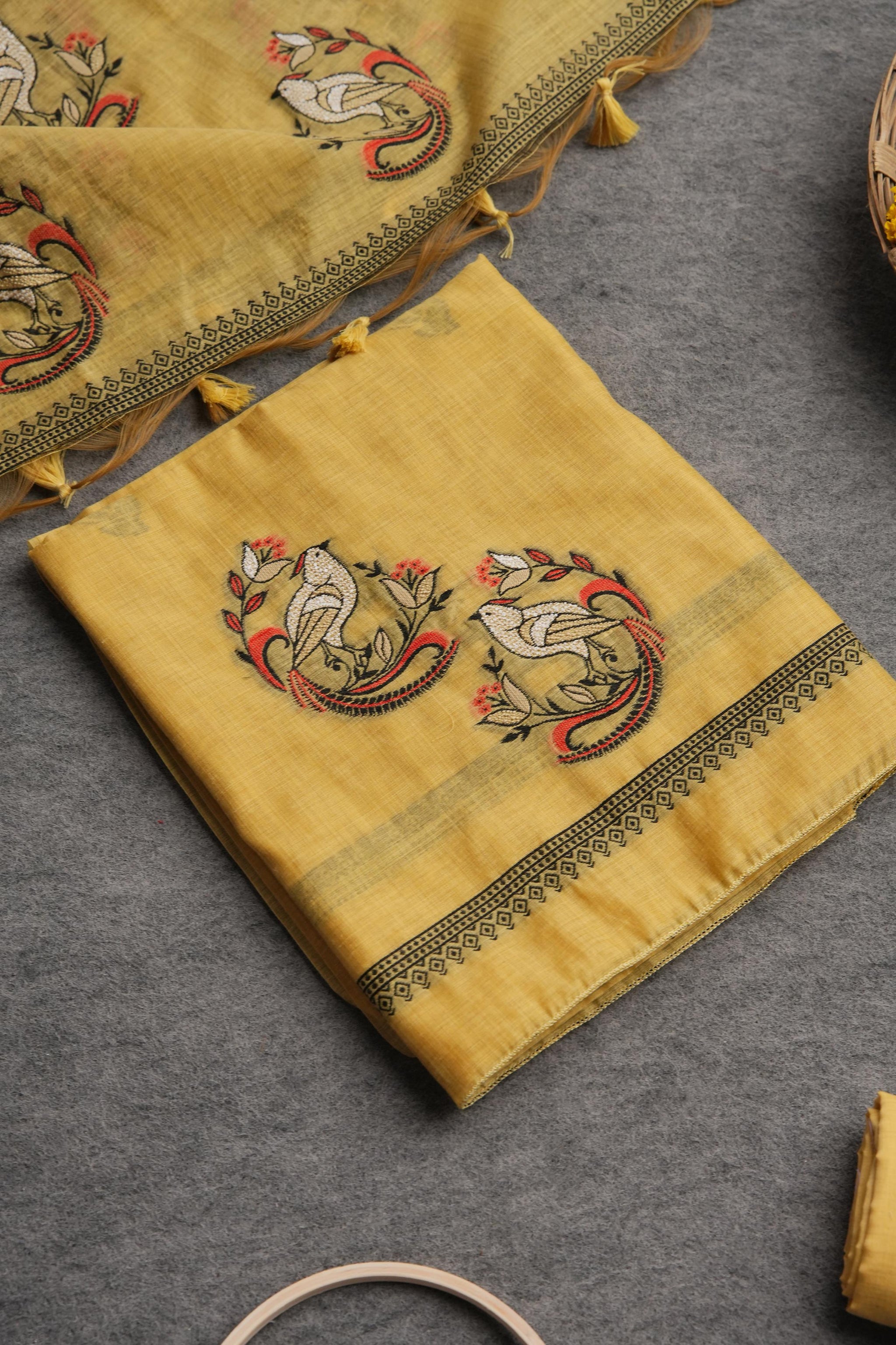 Chic Looms Yellow Muga Cotton Unstitched Suit Set