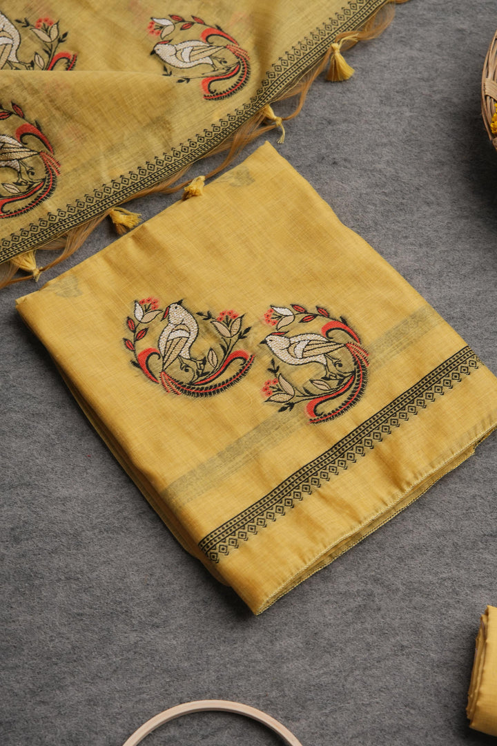 Chic Looms Yellow Muga Cotton Unstitched Suit Set