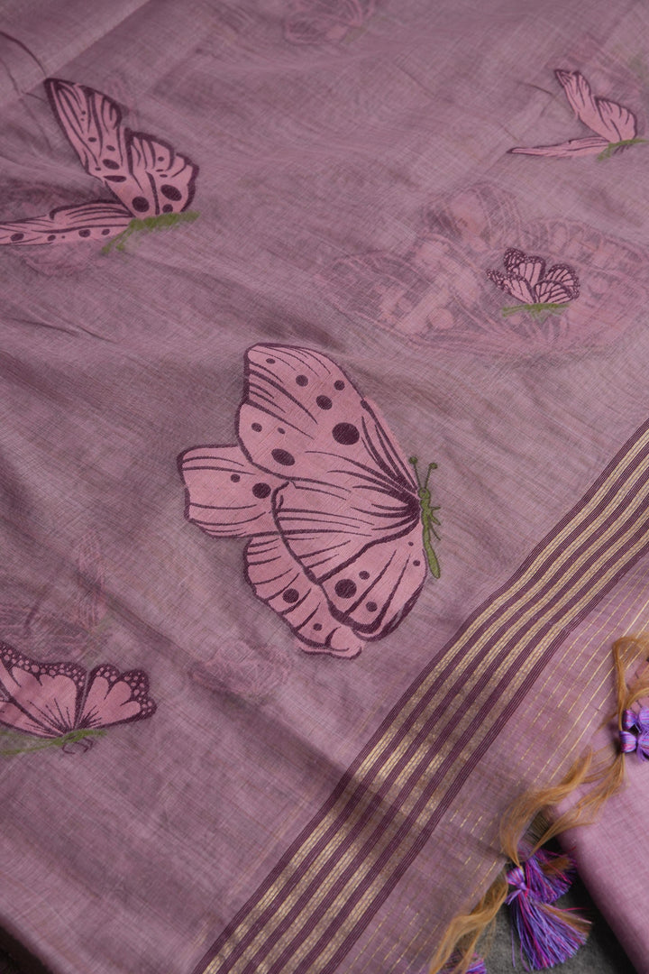 Bloom & Wings Lavender Muga Cotton Unstitched Suit Set