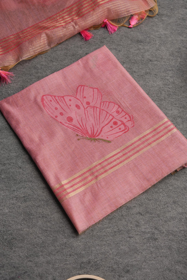 Bloom & Wings Pink Muga Cotton Unstitched Suit Set