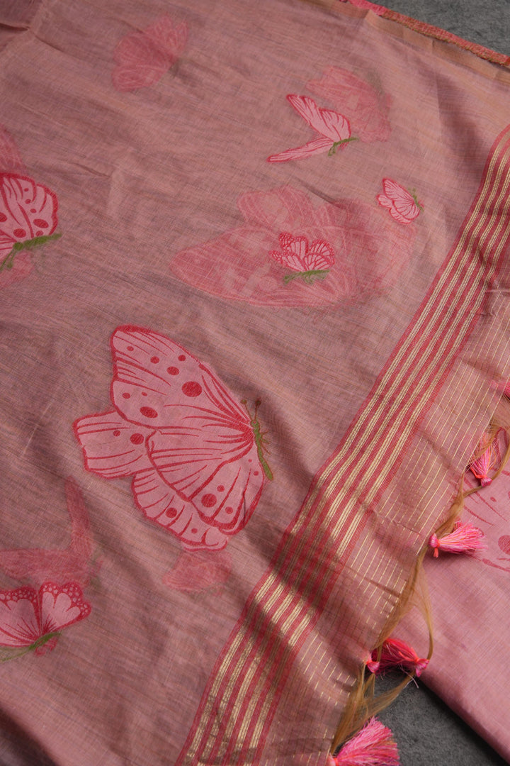 Bloom & Wings Pink Muga Cotton Unstitched Suit Set