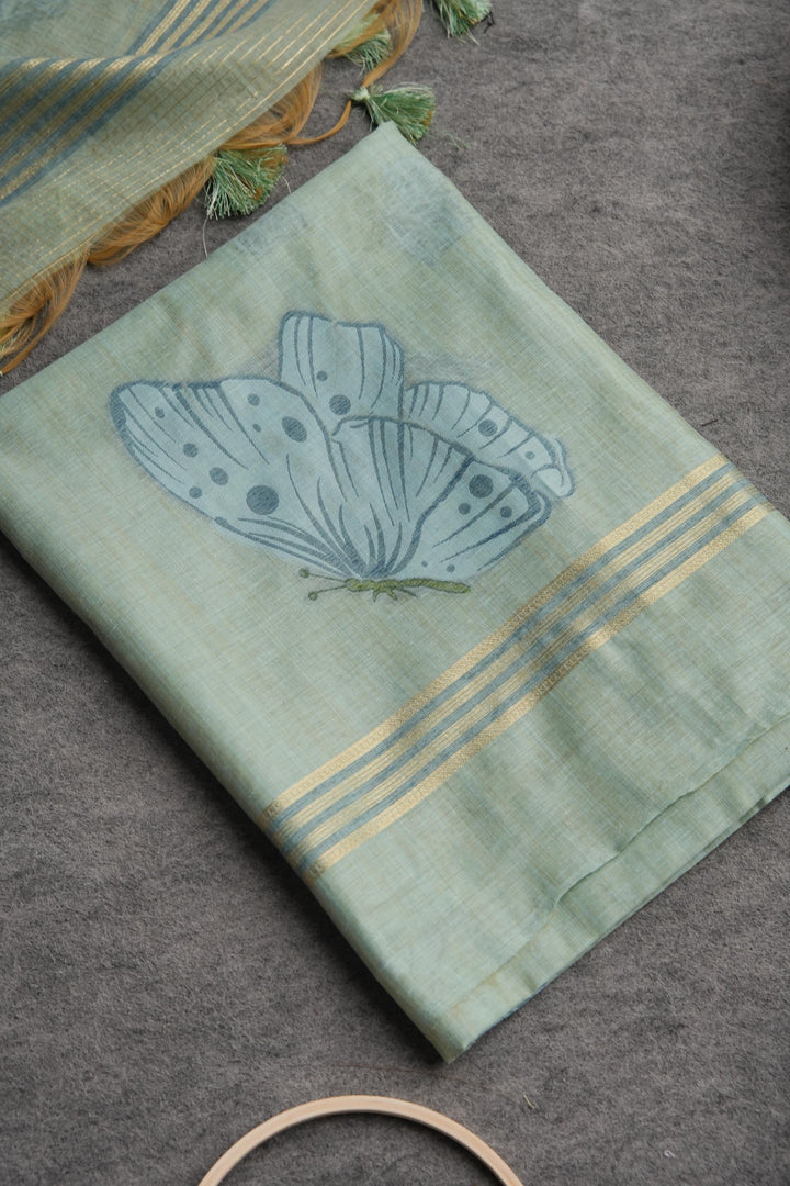 Bloom & Wings Mint Green Muga Cotton Unstitched Suit Set