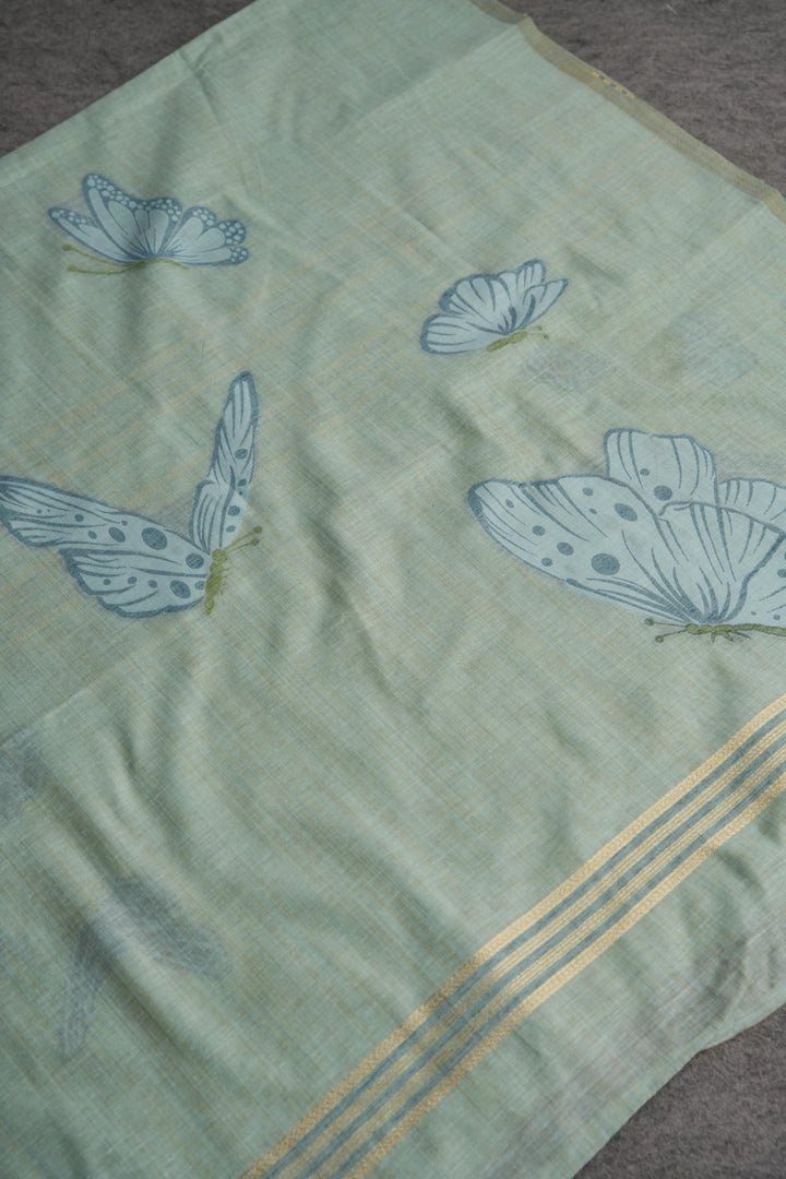 Bloom & Wings Mint Green Muga Cotton Unstitched Suit Set