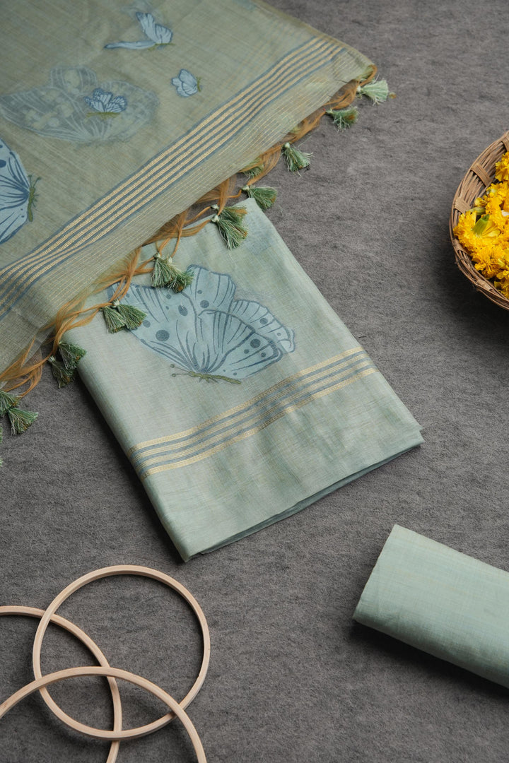 Bloom & Wings Mint Green Muga Cotton Unstitched Suit Set