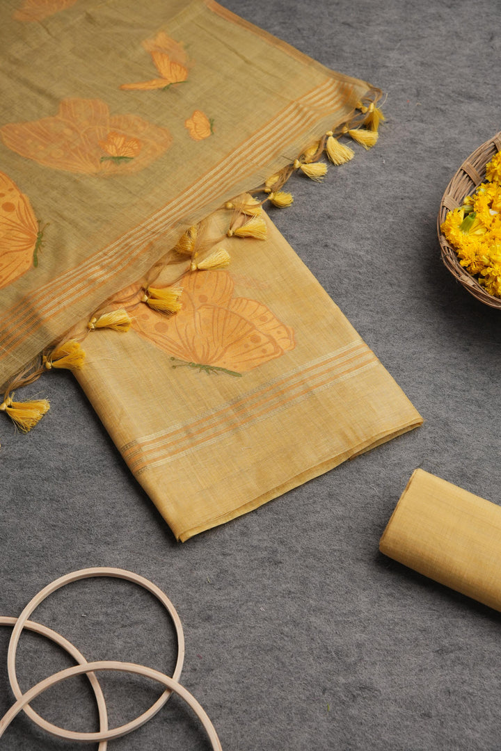 Bloom & Wings Yellow Muga Cotton Unstitched Suit Set