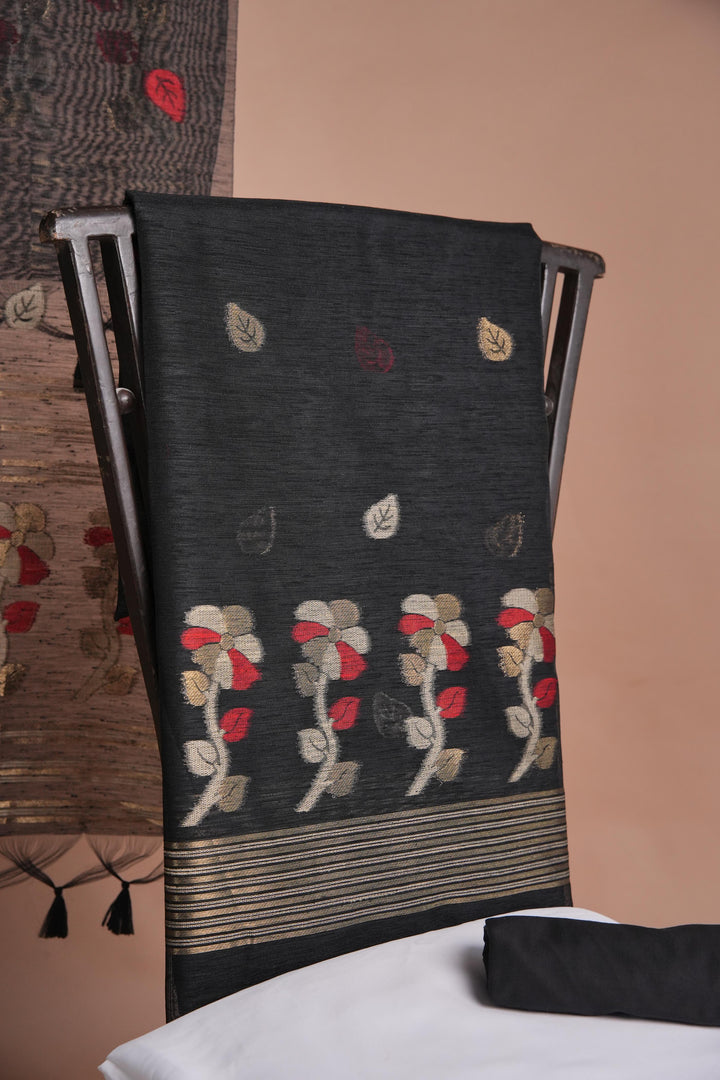 Effortless Essence Black Muga Silk Unstitched Suit Set