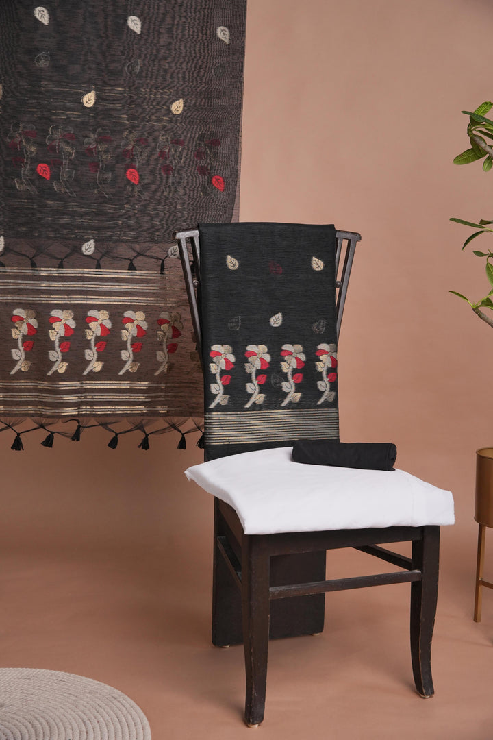 Effortless Essence Black Muga Silk Unstitched Suit Set