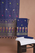 Load image into Gallery viewer, Effortless Essence Navy Blue Muga Silk Unstitched Suit Set
