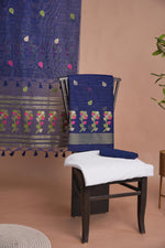 Load image into Gallery viewer, Effortless Essence Navy Blue Muga Silk Unstitched Suit Set
