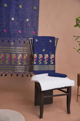 Effortless Essence Navy Blue Muga Silk Unstitched Suit Set