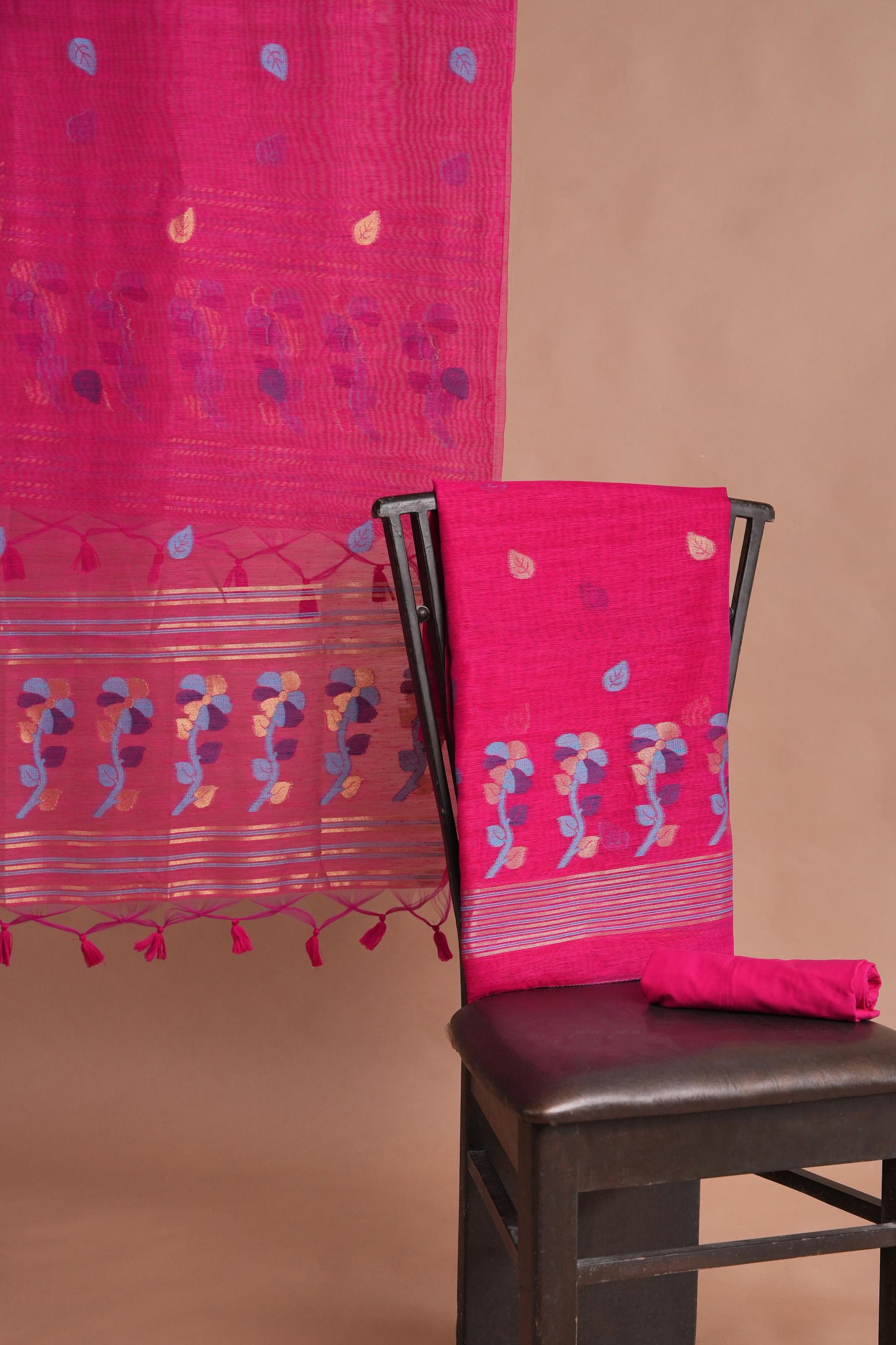 Effortless Essence Hot Pink Muga Silk Unstitched Suit Set