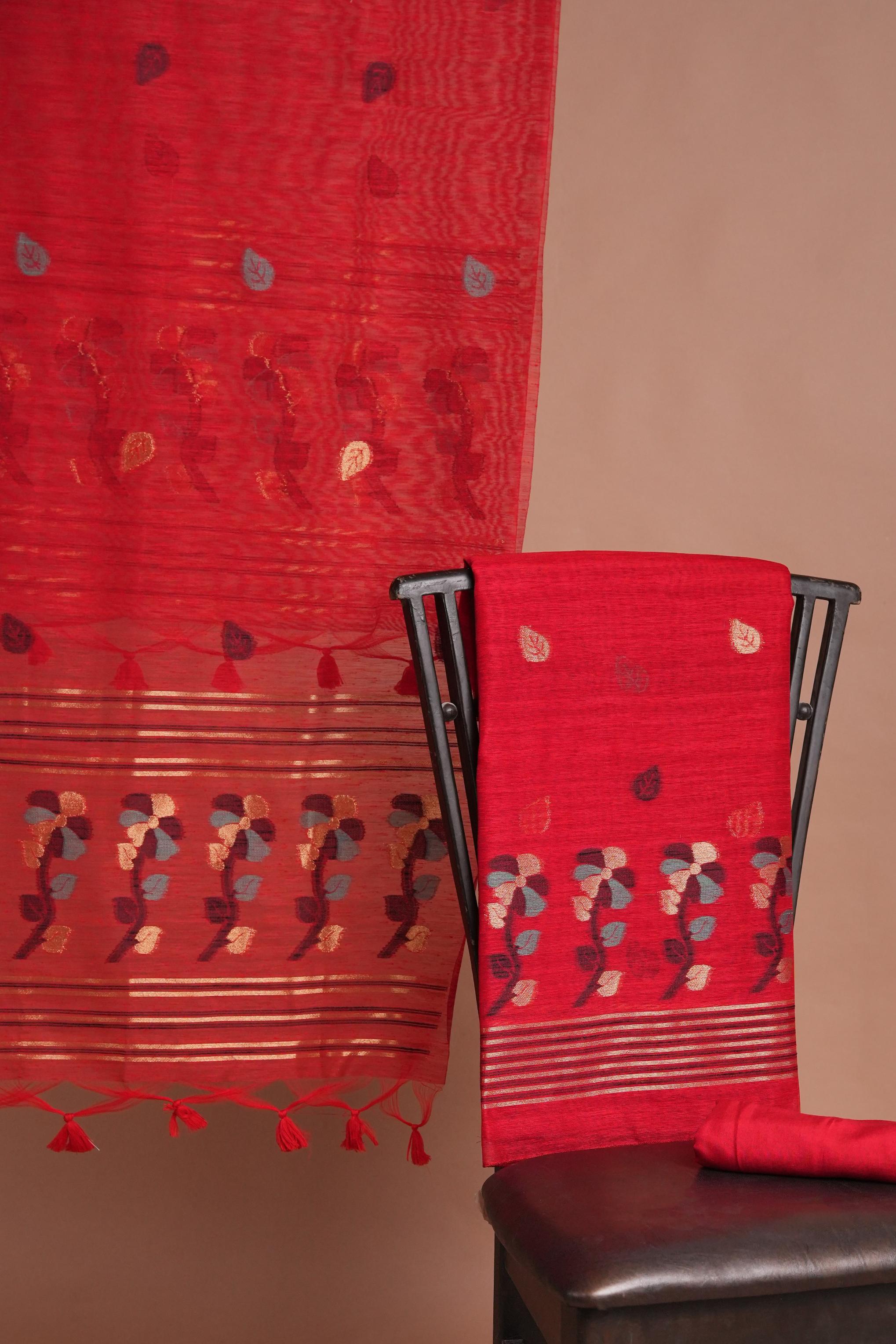Effortless Essence Red Muga Silk Unstitched Suit Set