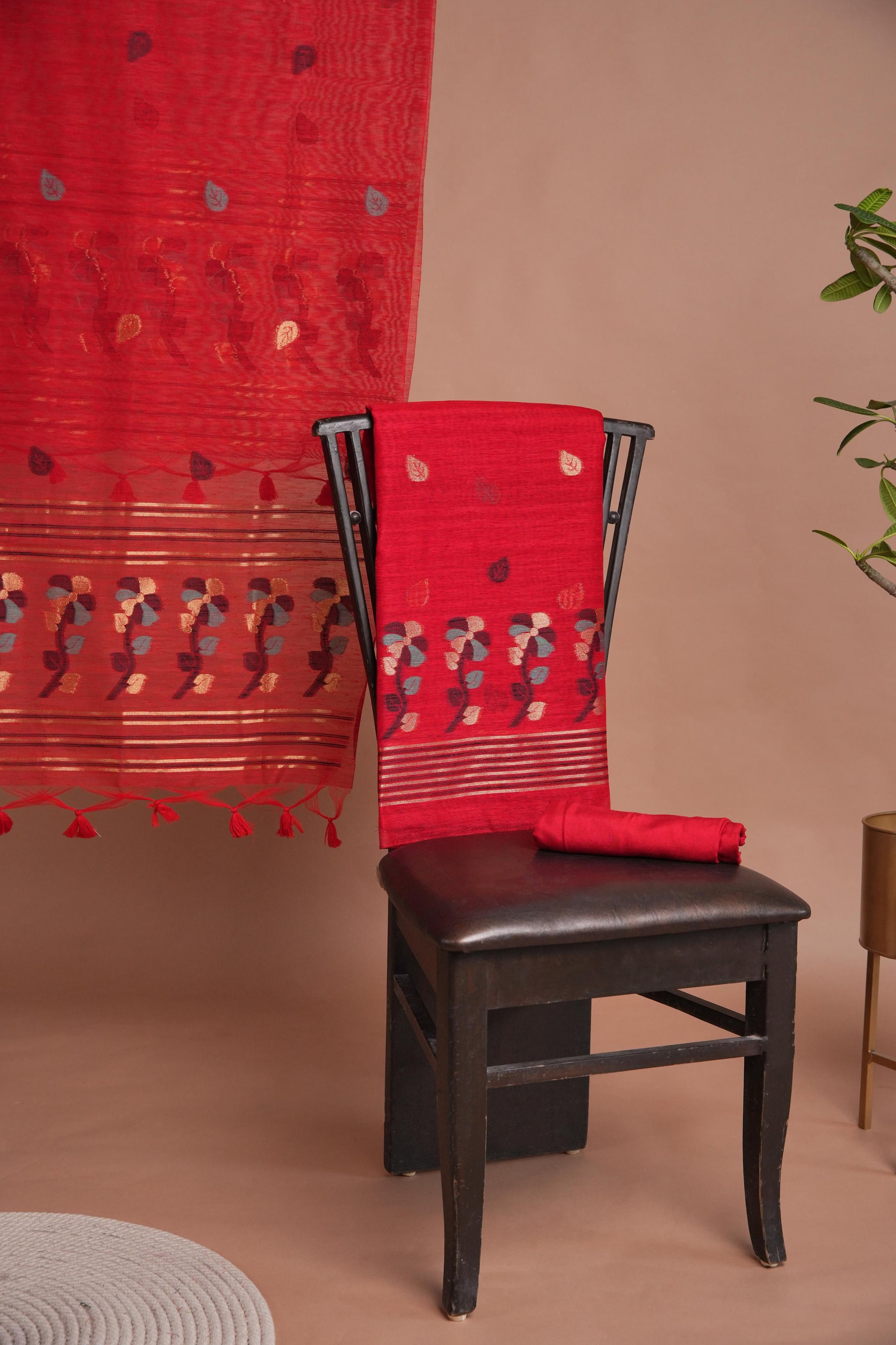 Effortless Essence Red Muga Silk Unstitched Suit Set