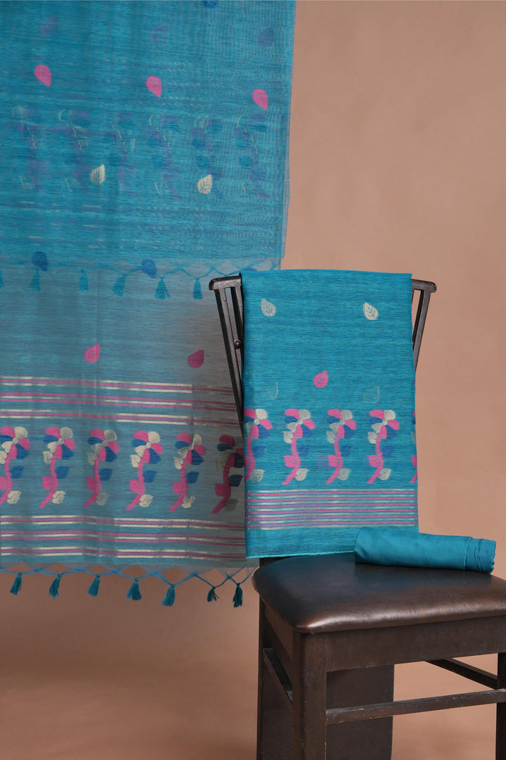 Effortless Essence Teal Muga Silk Unstitched Suit Set