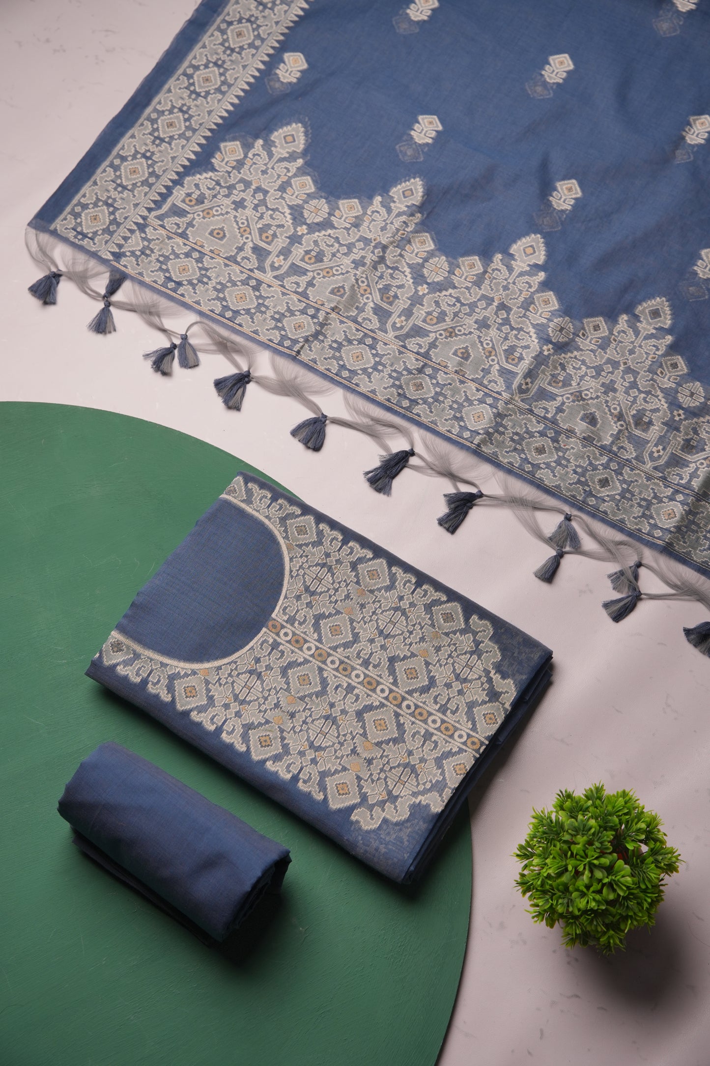 Couture Loom Slate Blue Muga Cotton Unstitched Suit Set