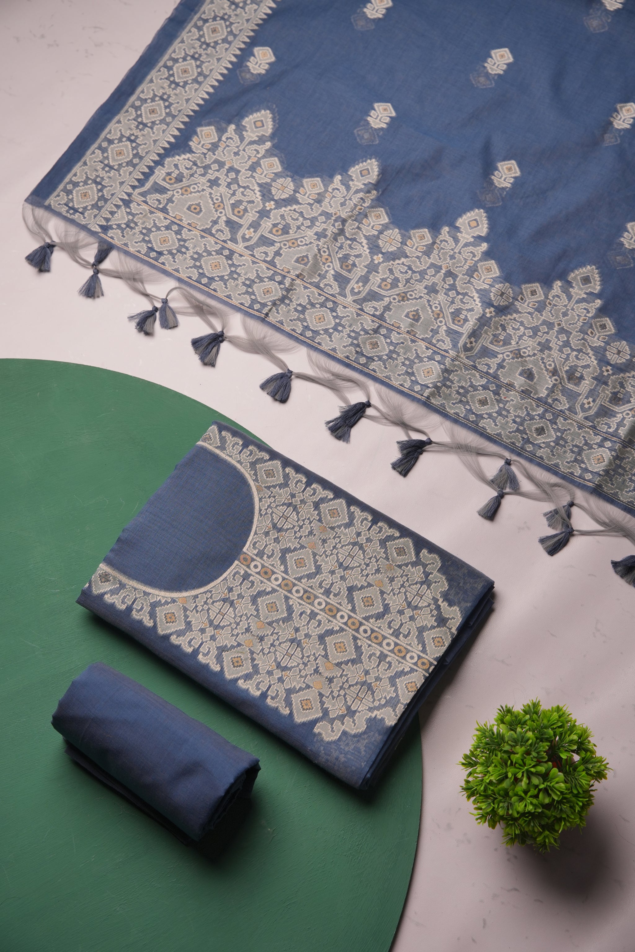 Couture Loom Slate Blue Muga Cotton Unstitched Suit Set