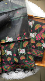 Load image into Gallery viewer, Weavora Black Soft Cotton Pichwai Jamdani Unstitched Suit Set
