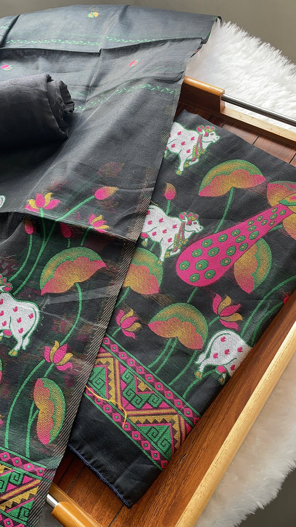 Weavora Black Soft Cotton Pichwai Jamdani Unstitched Suit Set