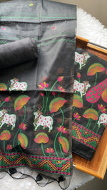 Load image into Gallery viewer, Weavora Black Soft Cotton Pichwai Jamdani Unstitched Suit Set
