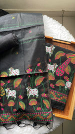Load image into Gallery viewer, Weavora Black Soft Cotton Pichwai Jamdani Unstitched Suit Set

