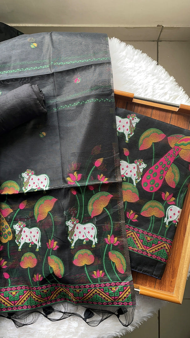 Weavora Black Soft Cotton Pichwai Jamdani Unstitched Suit Set