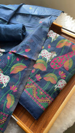 Load image into Gallery viewer, Weavora Blue Soft Cotton Pichwai Jamdani Unstitched Suit Set
