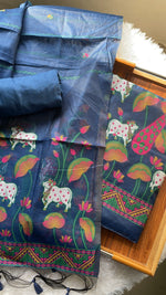 Load image into Gallery viewer, Weavora Blue Soft Cotton Pichwai Jamdani Unstitched Suit Set
