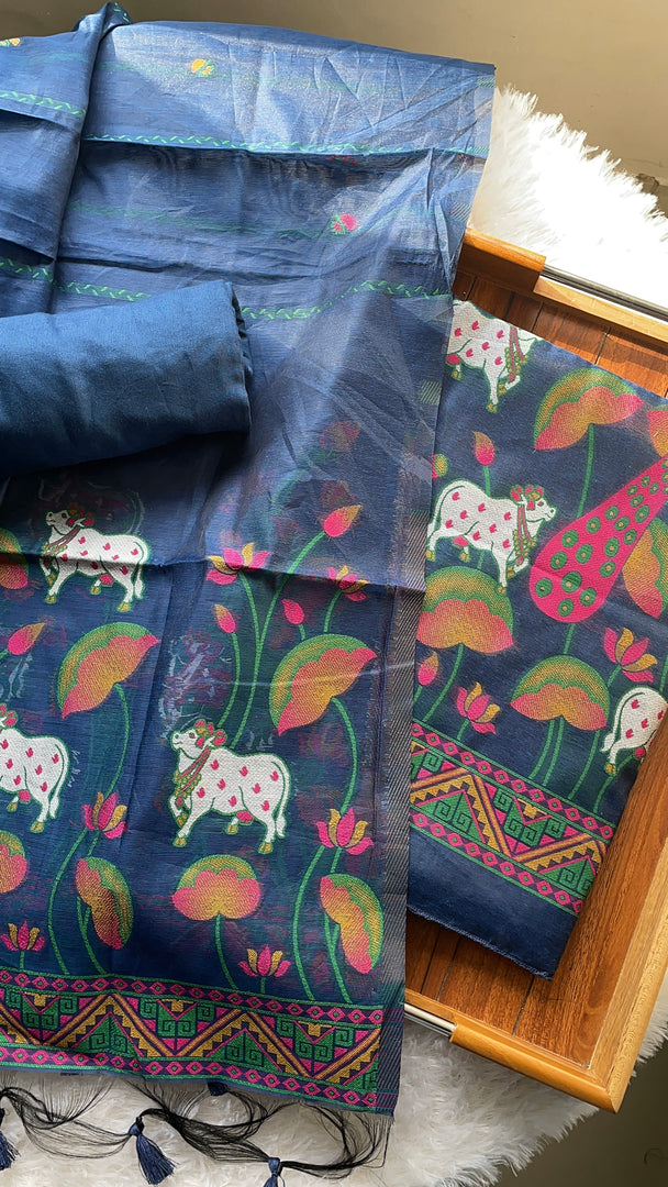 Weavora Blue Soft Cotton Pichwai Jamdani Unstitched Suit Set