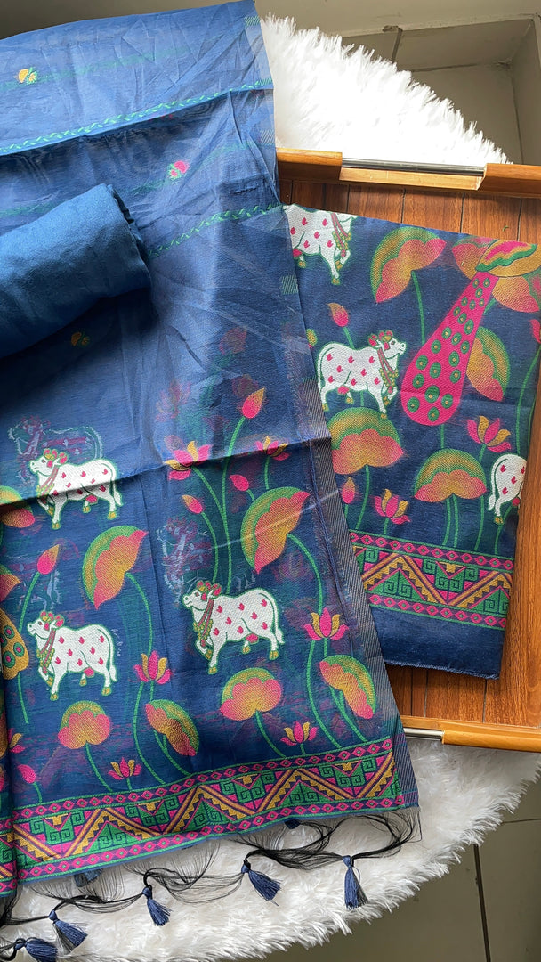 Weavora Blue Soft Cotton Pichwai Jamdani Unstitched Suit Set