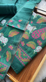 Load image into Gallery viewer, Weavora Green Soft Cotton Pichwai Jamdani Unstitched Suit Set
