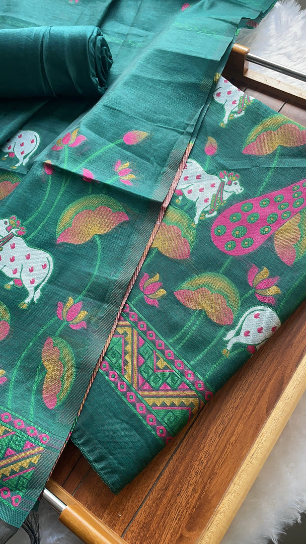 Weavora Green Soft Cotton Pichwai Jamdani Unstitched Suit Set