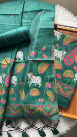 Load image into Gallery viewer, Weavora Green Soft Cotton Pichwai Jamdani Unstitched Suit Set
