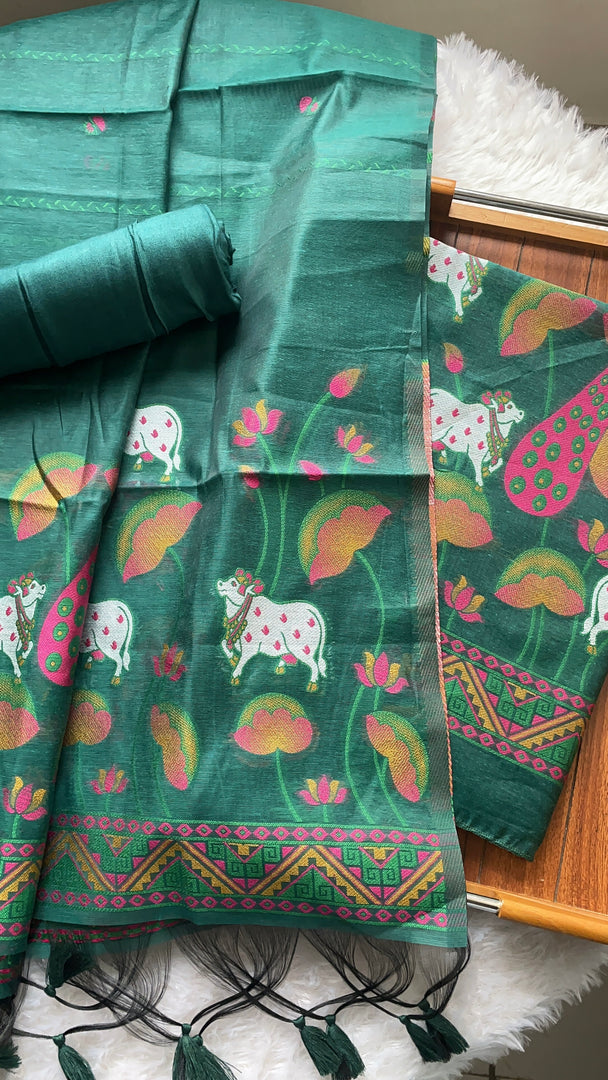 Weavora Green Soft Cotton Pichwai Jamdani Unstitched Suit Set