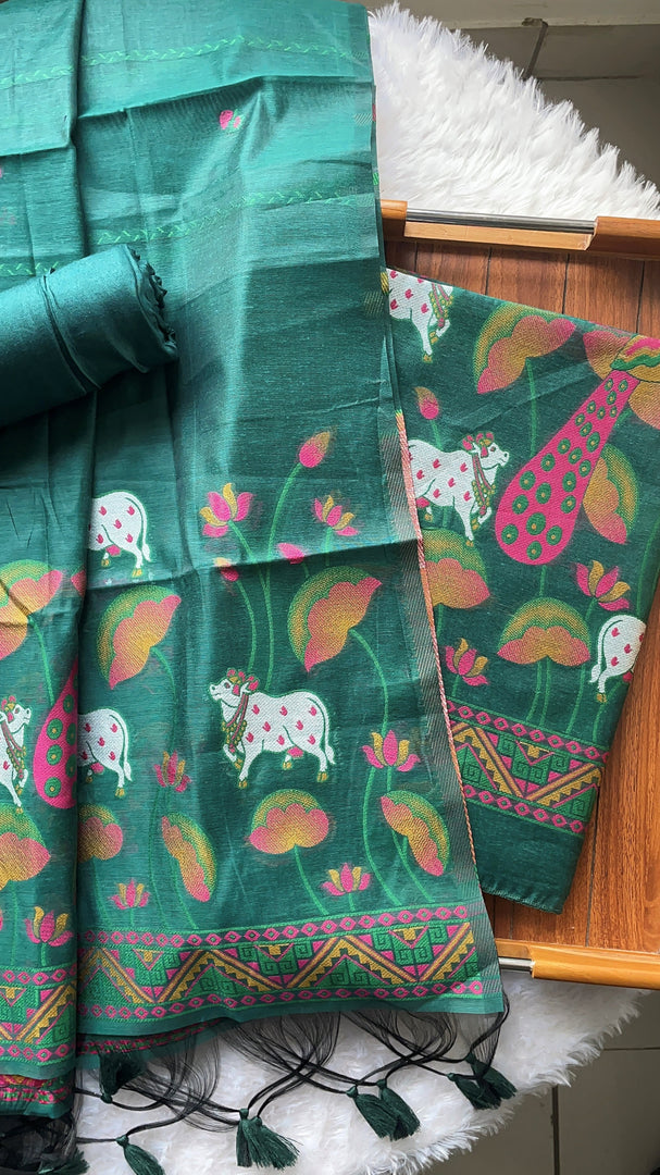 Weavora Green Soft Cotton Pichwai Jamdani Unstitched Suit Set