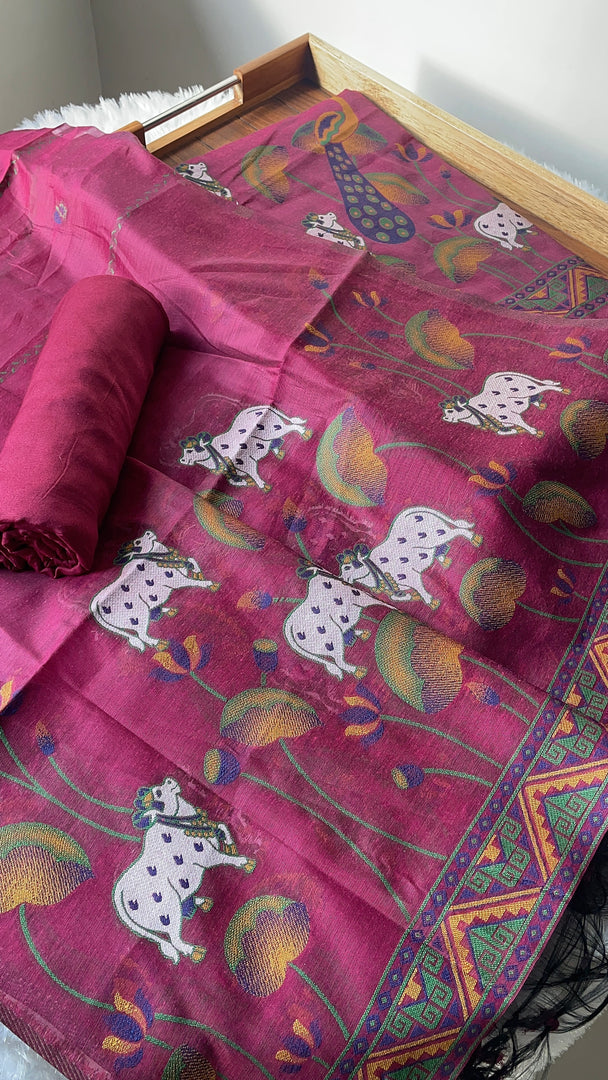 Weavora Pink Soft Cotton Pichwai Jamdani Unstitched Suit Set