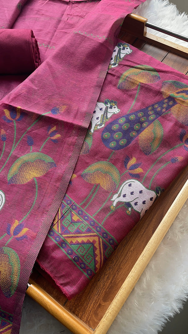 Weavora Pink Soft Cotton Pichwai Jamdani Unstitched Suit Set