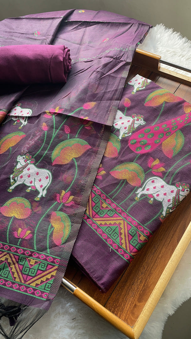 Weavora Wine Soft Cotton Pichwai Jamdani Unstitched Suit Set